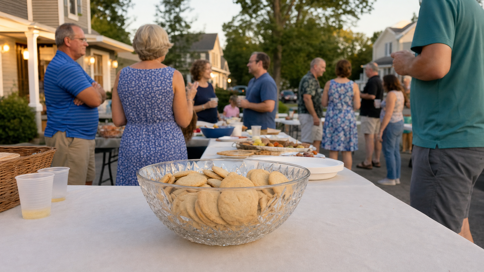 Illustrated story preview for The Block Party Changed After the New Neighbor Brought Store-Bought Cookies in a Crystal Bowl