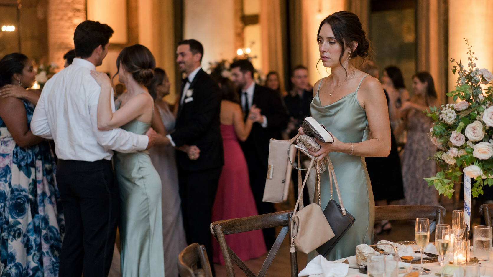 Illustrated story preview for The Comment Section Noticed the Bridesmaid Carrying Every Purse in the Reception Photos