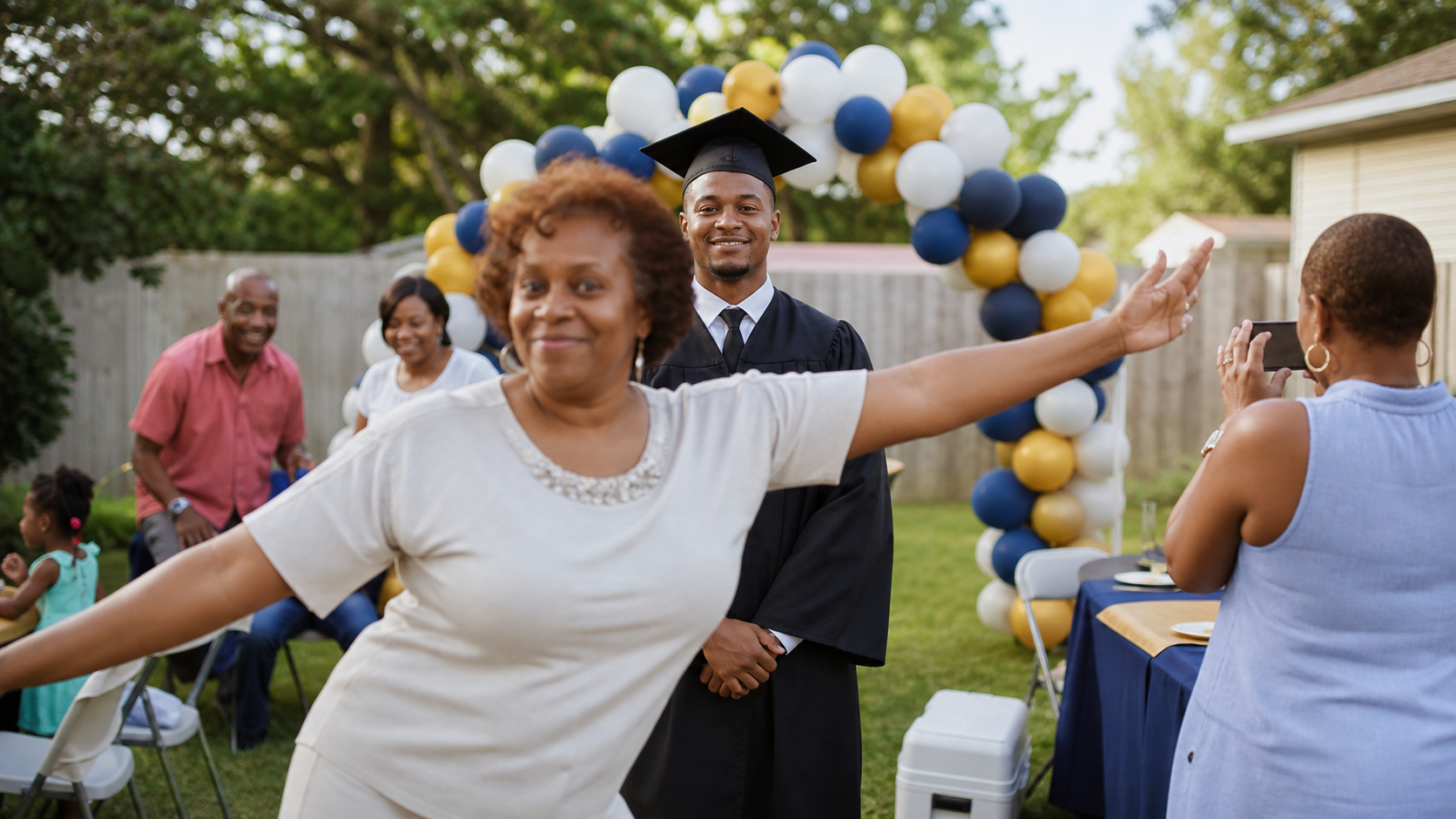 Illustrated story preview for The Comment Section Found the Cousin Who Kept Standing in Front of the Graduate