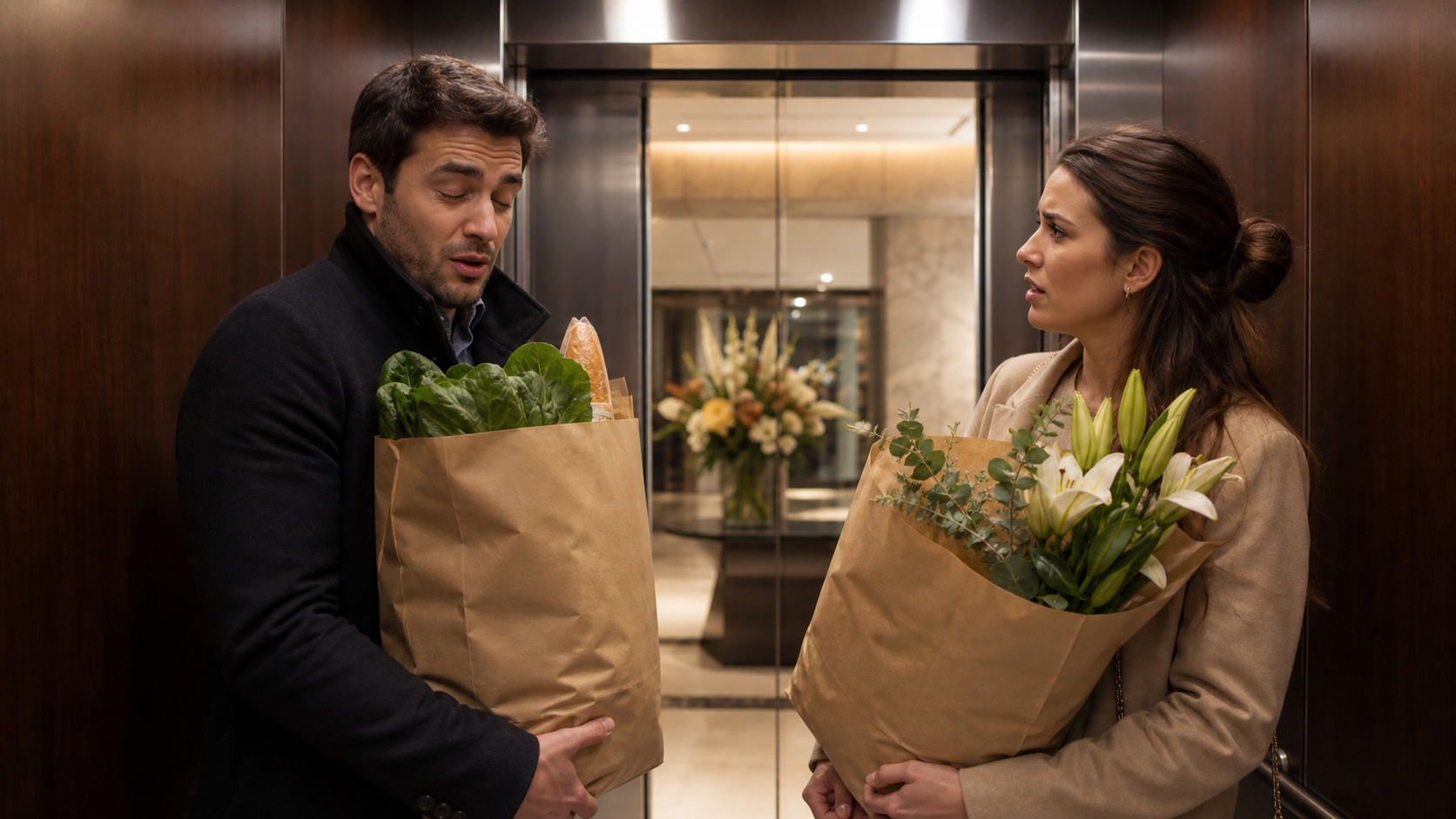 Illustrated story preview for The Elevator Ride Exposed Which Neighbor Had Been Complaining About the Lobby Flowers
