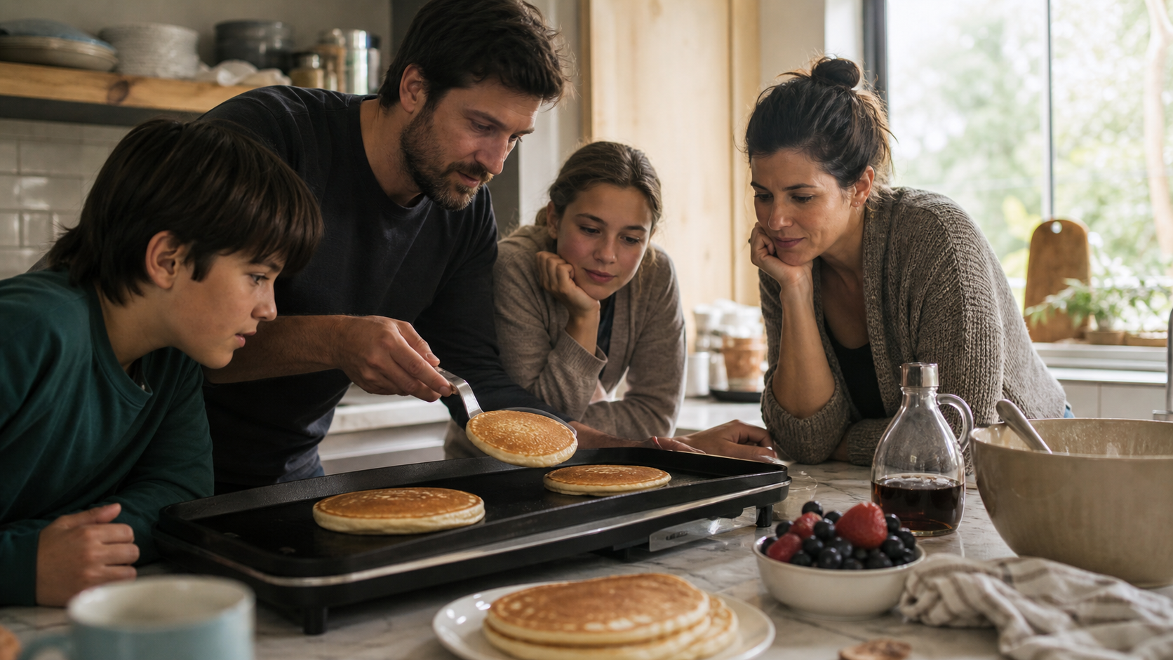 Illustrated story preview for The First Perfect Pancake Is a Family Power Move