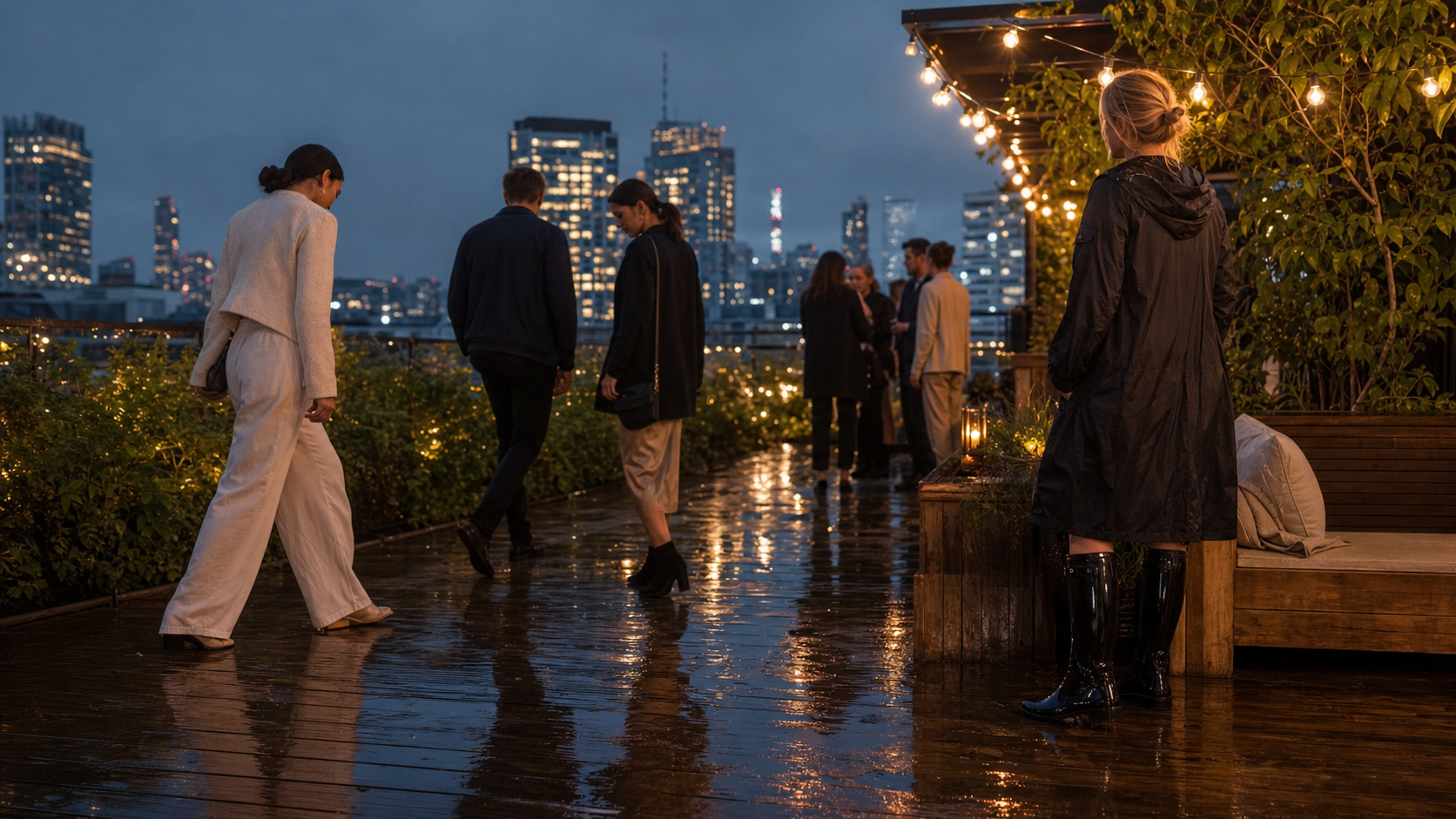 Illustrated story preview for My Friend Laughed At My Rain Boots Until The Rooftop Party Moved Through Three Puddles
