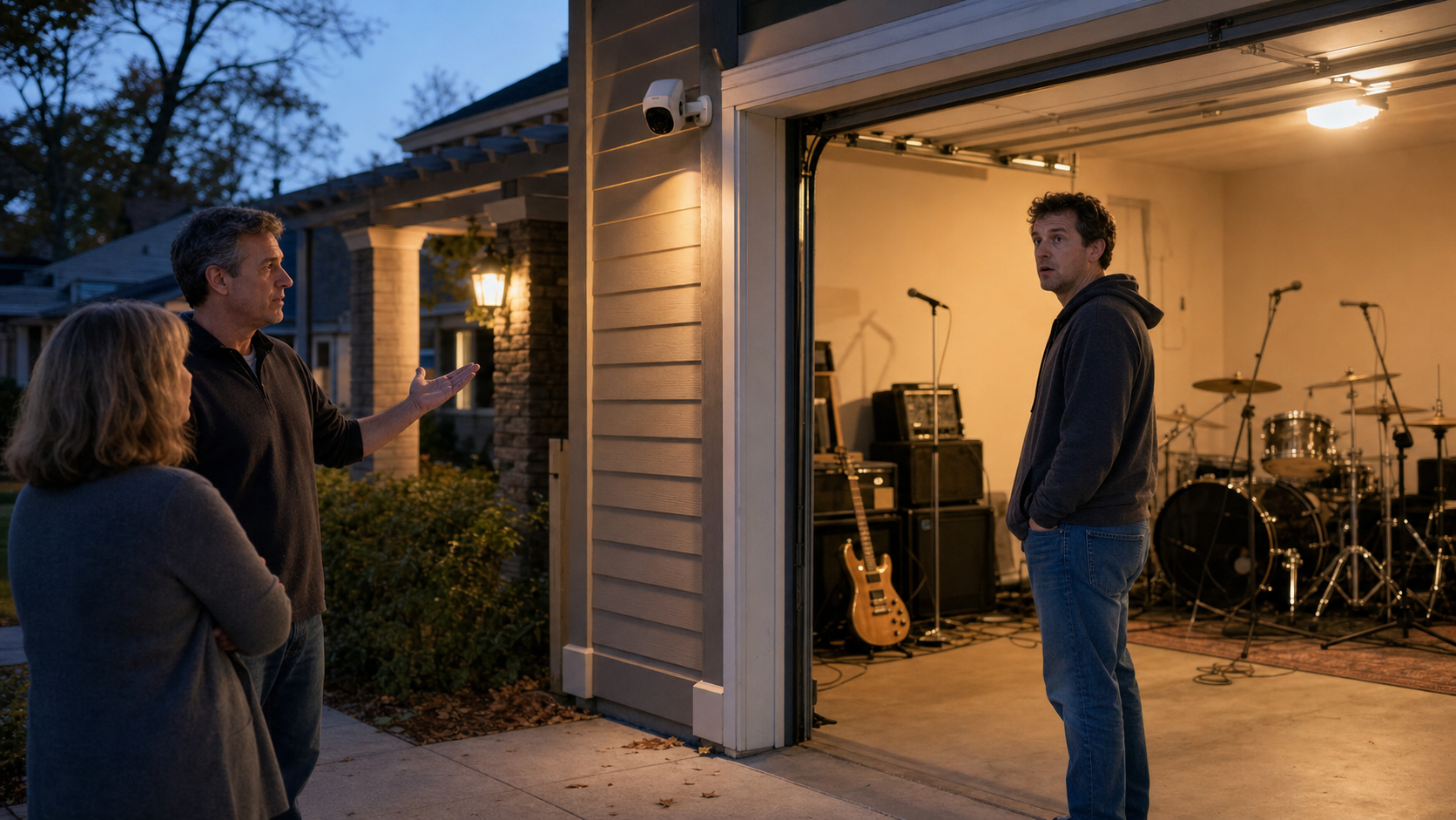Illustrated story preview for My Neighbor Called My Kids Loud Until the Security Camera Caught His Garage Band
