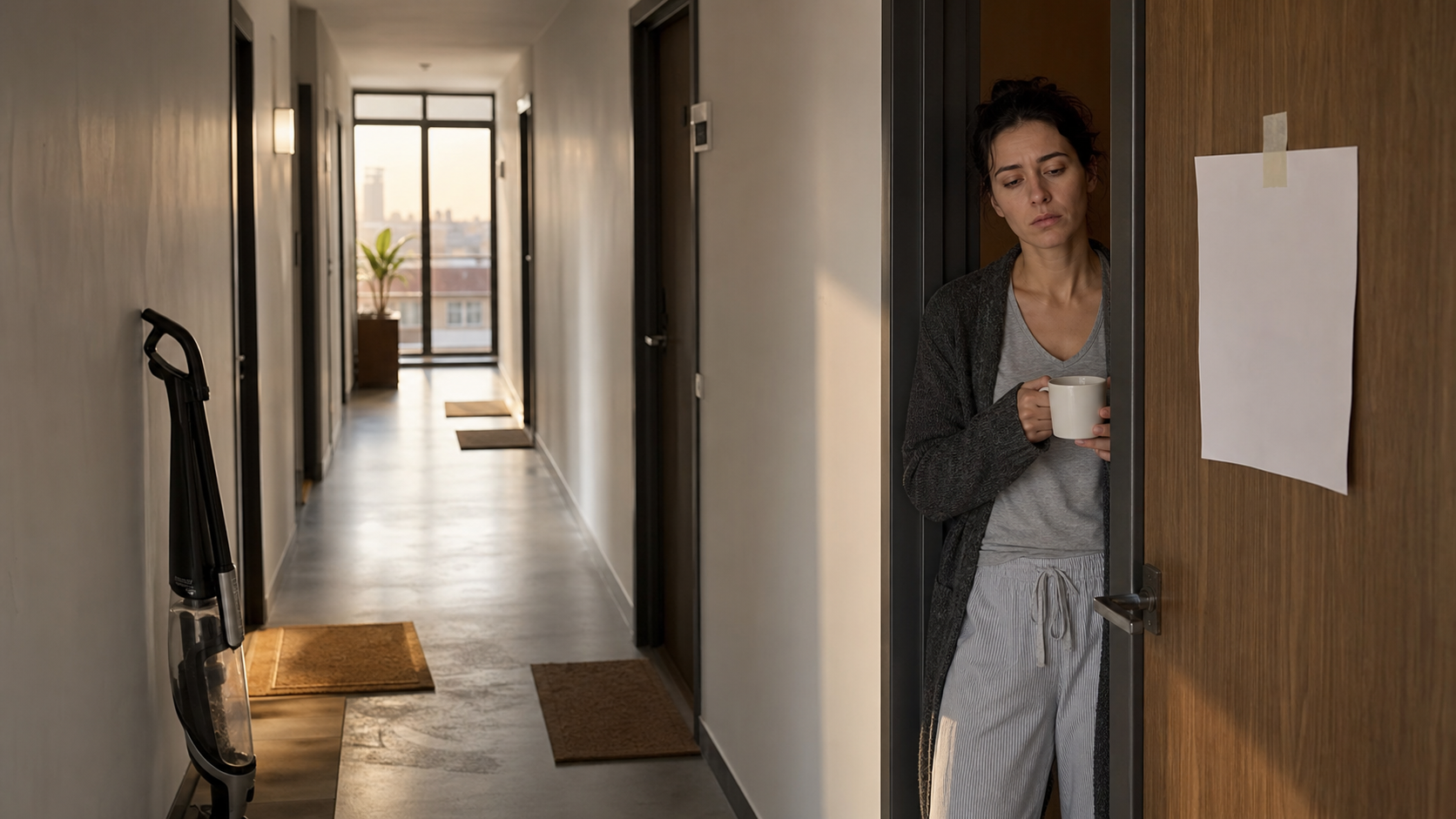Illustrated story preview for My Neighbor Asked for Quiet Mornings, Then Vacuumed the Hallway at Sunrise