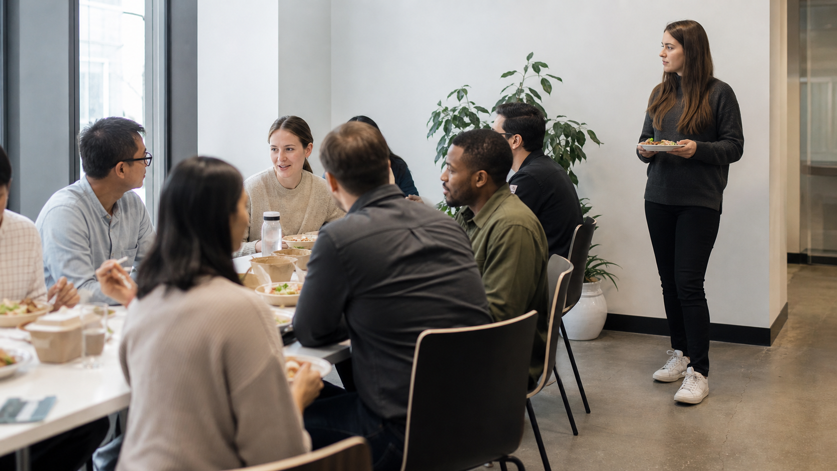 Illustrated story preview for The Comments Noticed The New Employee Standing While Everyone Else Ate At The Welcome Lunch